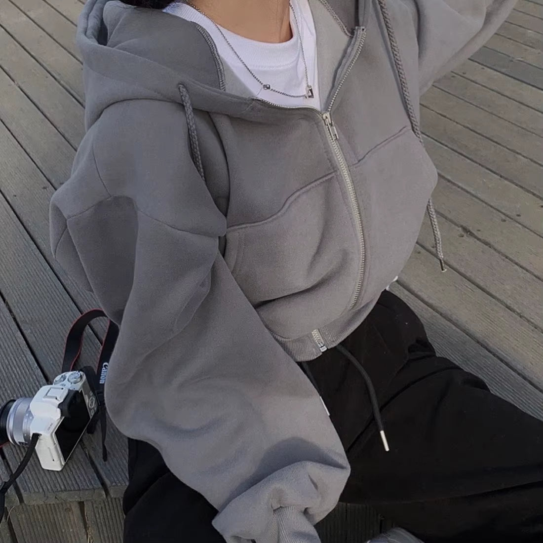 Solid Harajuku Style Zip up Hoodie 